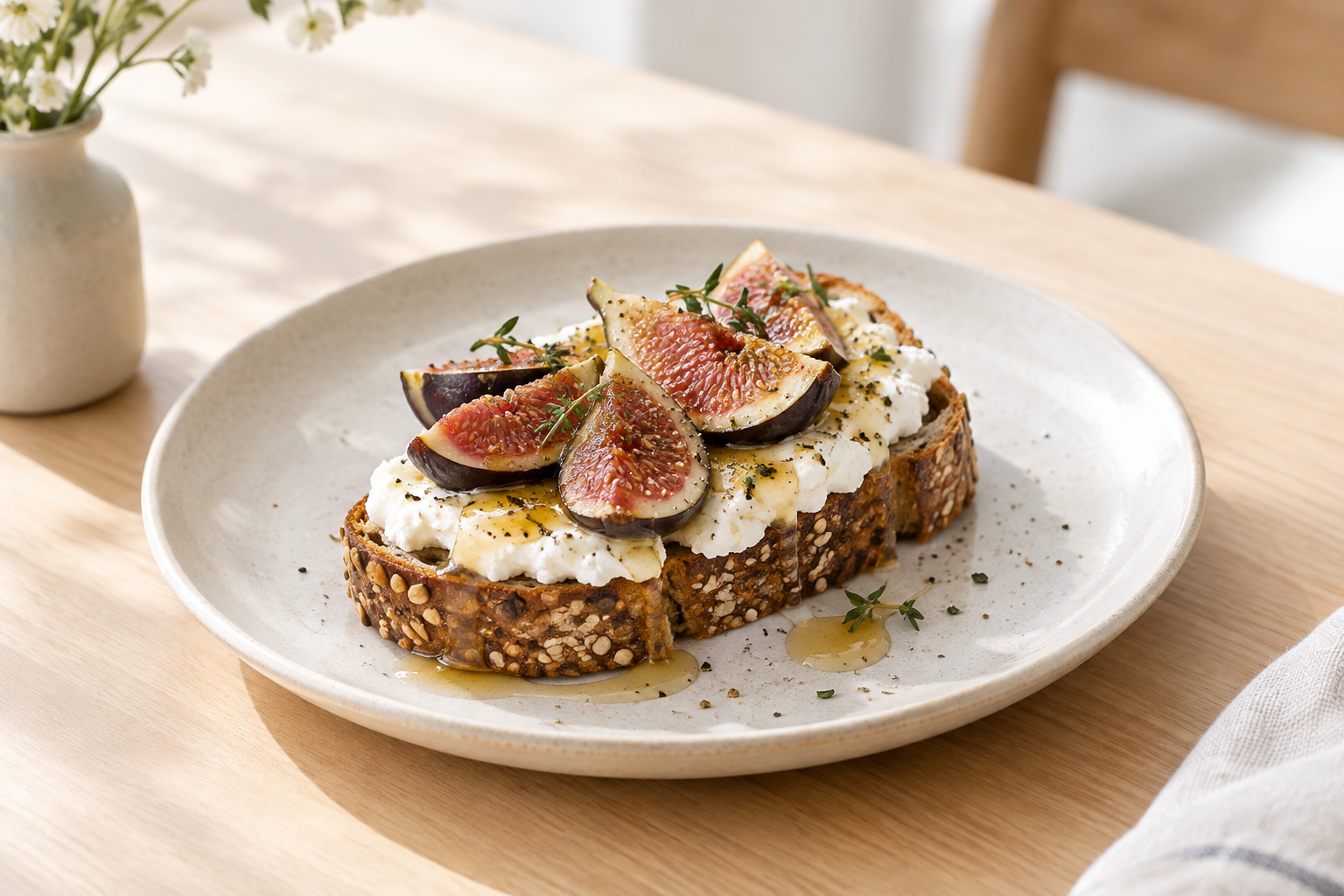 Thick seeded toast spread with white ricotta, sliced purple figs, honey, and thyme on a warm wood table