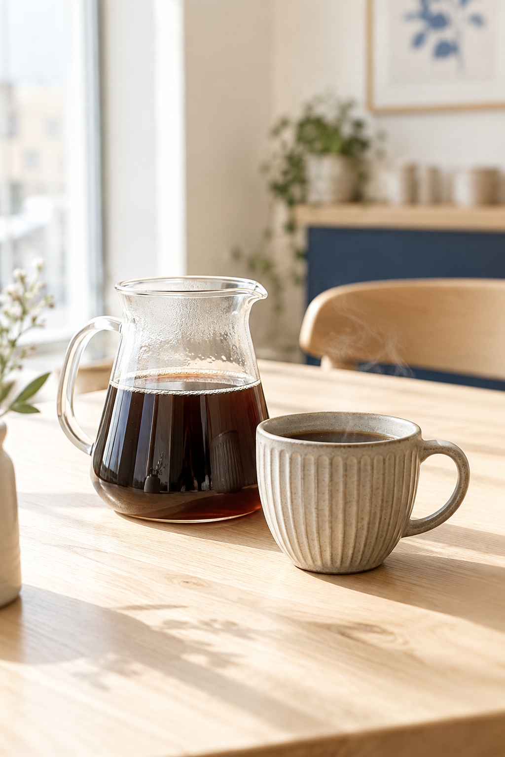 Clear glass carafe of filter coffee and a ribbed ceramic cup on a clean pale wood table