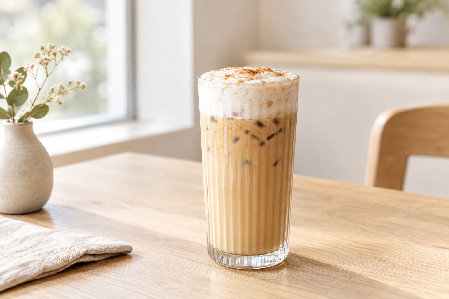 Iced maple oat latte in a clear ridged glass, topped with cinnamon foam on a pale oak table