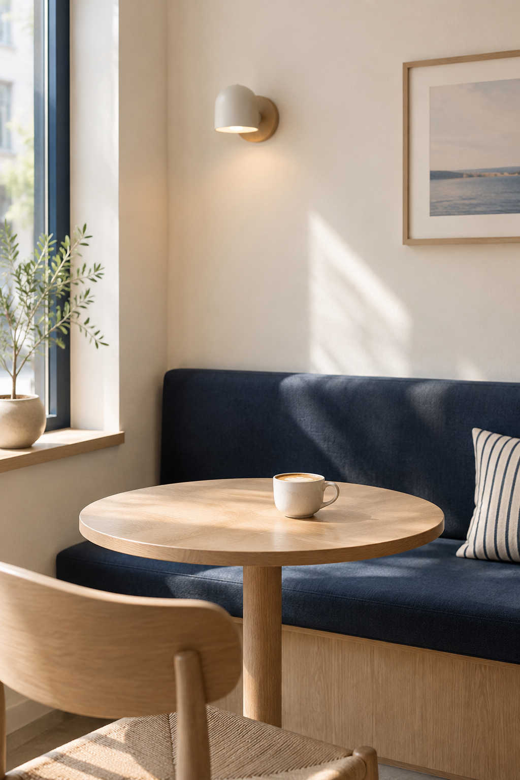 Calm cafe corner with a deep navy bench, pale wall, round oak table, and a single coffee cup