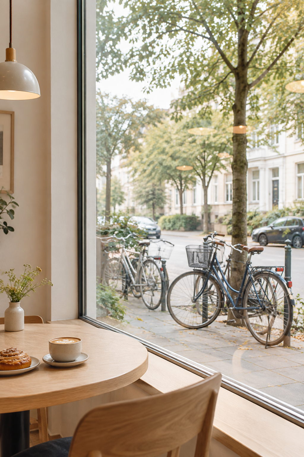 View through a cafe window toward parked bicycles and a quiet leafy neighborhood street