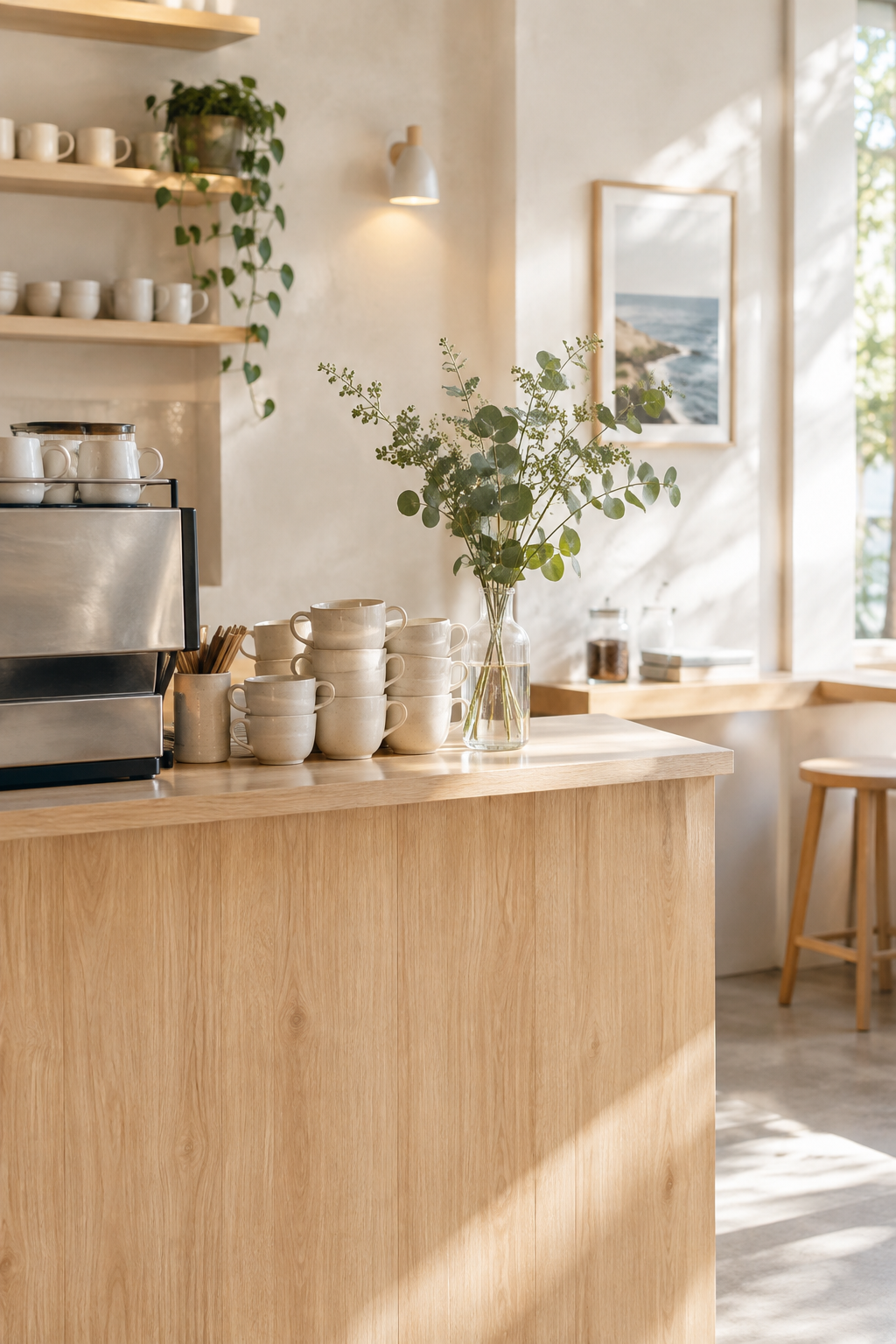 Light oak cafe counter with stacked handmade cups, a small vase of greenery, and soft morning light