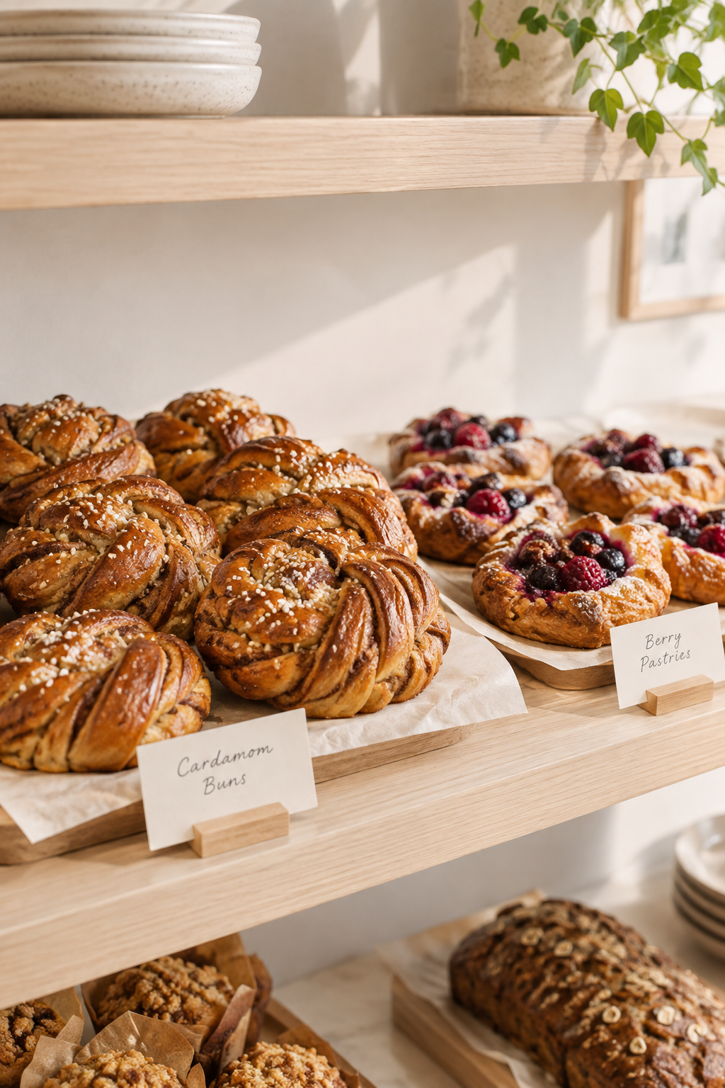 Fresh cardamom buns and berry pastries arranged on a simple light wood bakery shelf