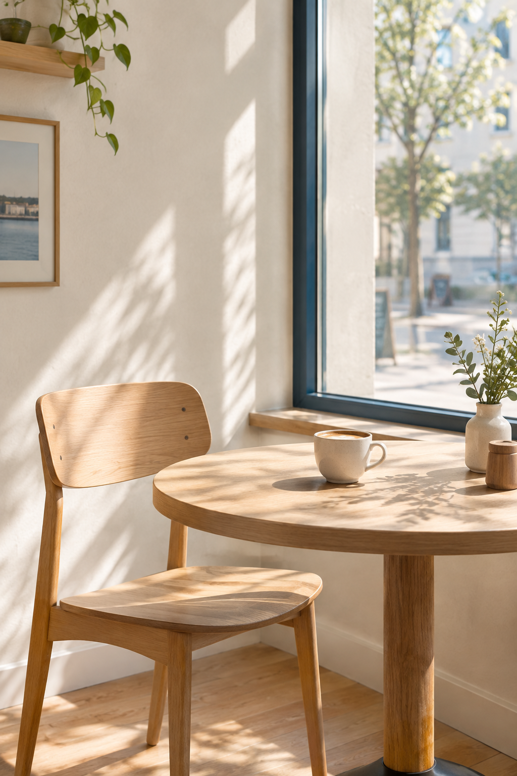 Sunlit cafe table beside a large window with a pale wood chair and a small ceramic coffee cup