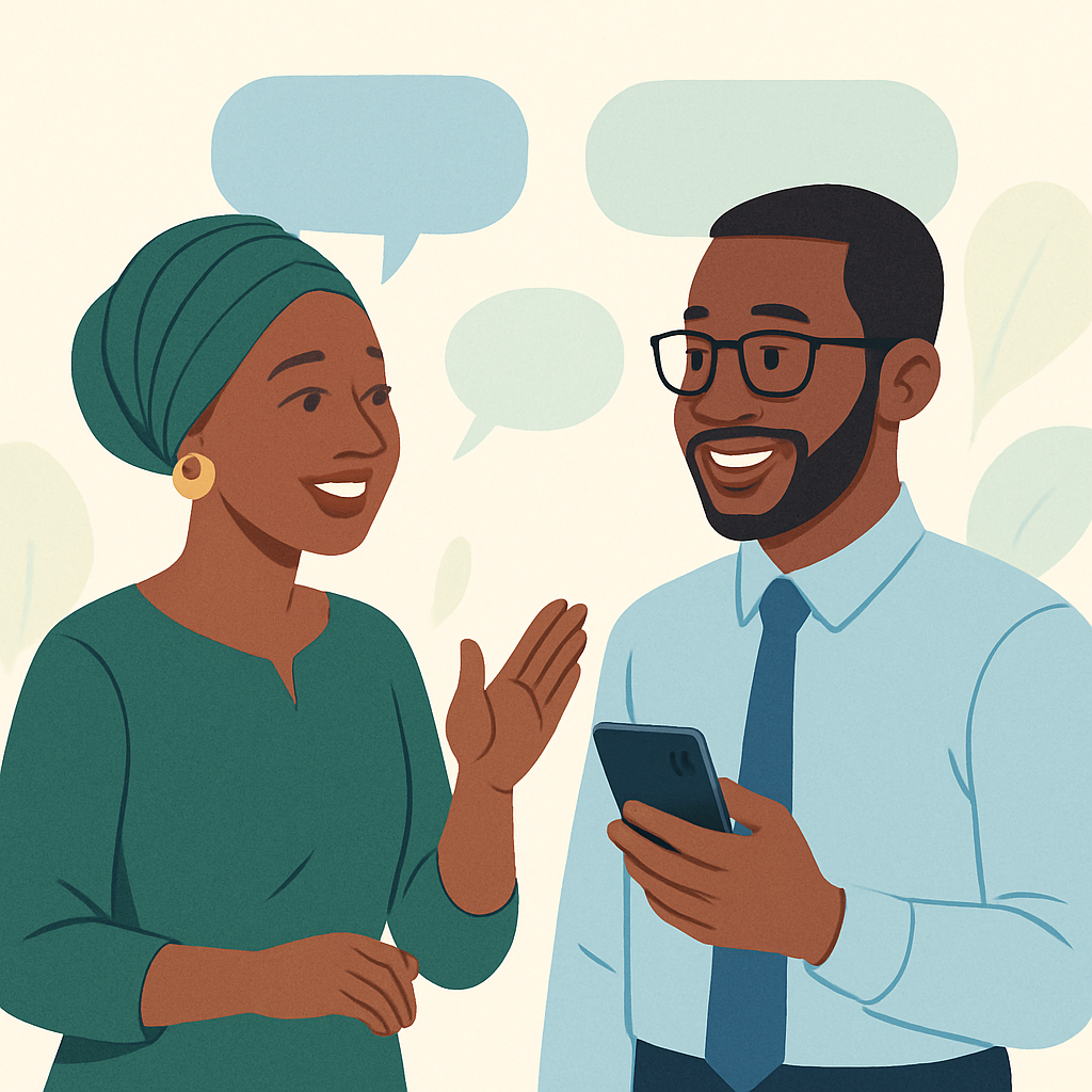 Friendly illustration of two professionals in Nigeria chatting with speech bubbles and a phone