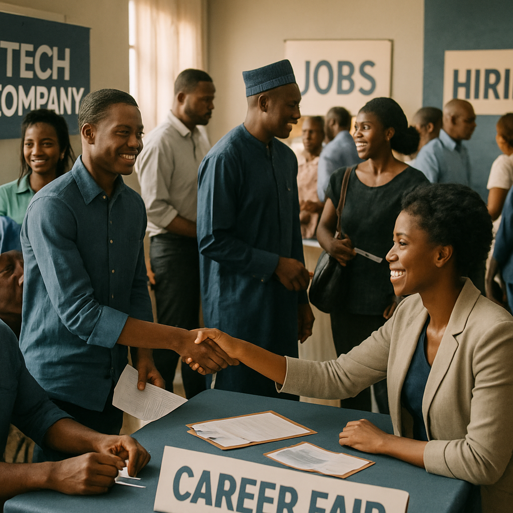 Community career fair in Nigeria with diverse job seekers speaking to employers