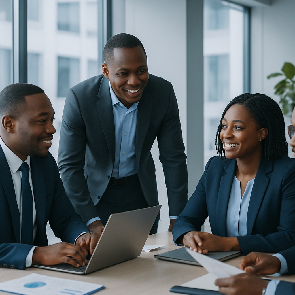 Professional Nigerian employers collaborating in a modern office