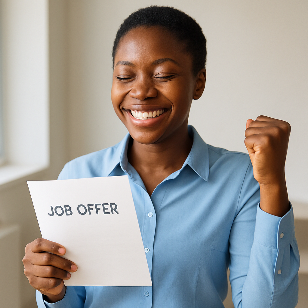 Smiling Nigerian job seeker celebrating a new job offer