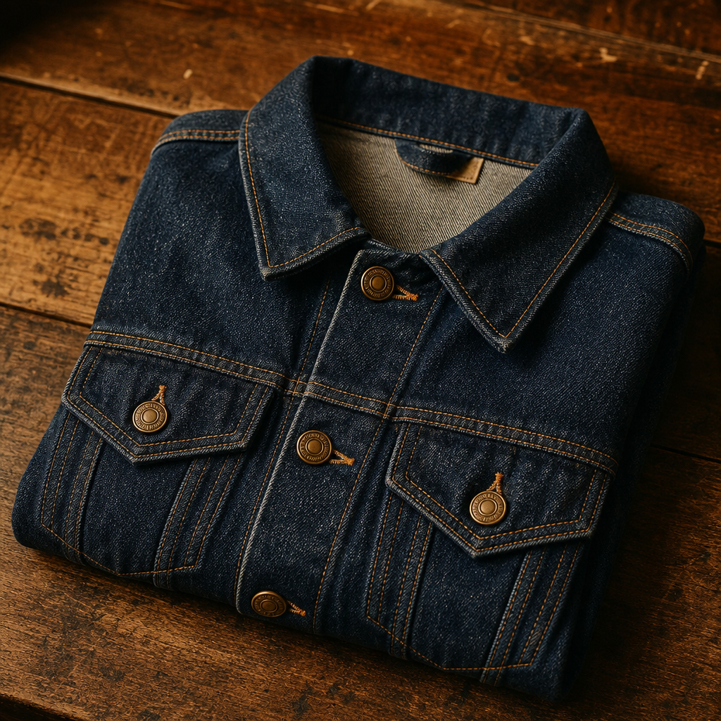 Folded dark indigo 80s denim jacket with contrast stitching and brass buttons on a rustic wooden surface