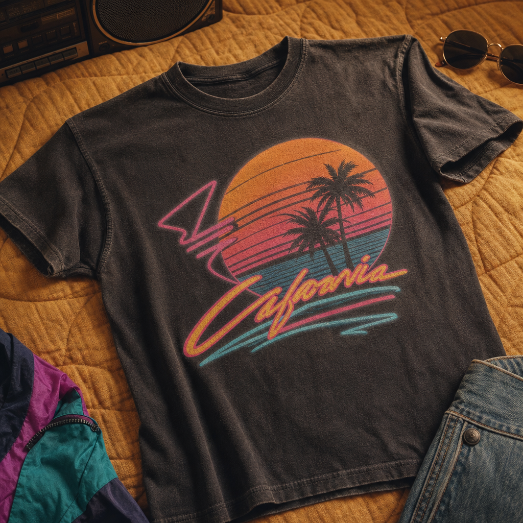 Softly lit 80s graphic tee with neon typography and a sunset illustration laid over a mustard quilt