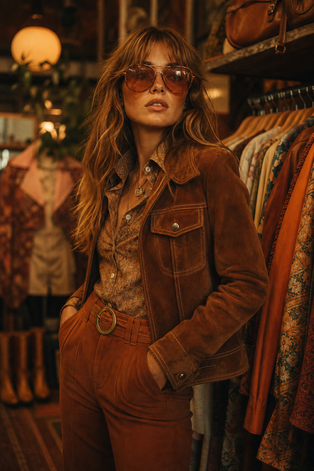 Warm cinematic photo of a vintage fashion model wearing a 70s suede jacket and high-waisted trousers in a boutique