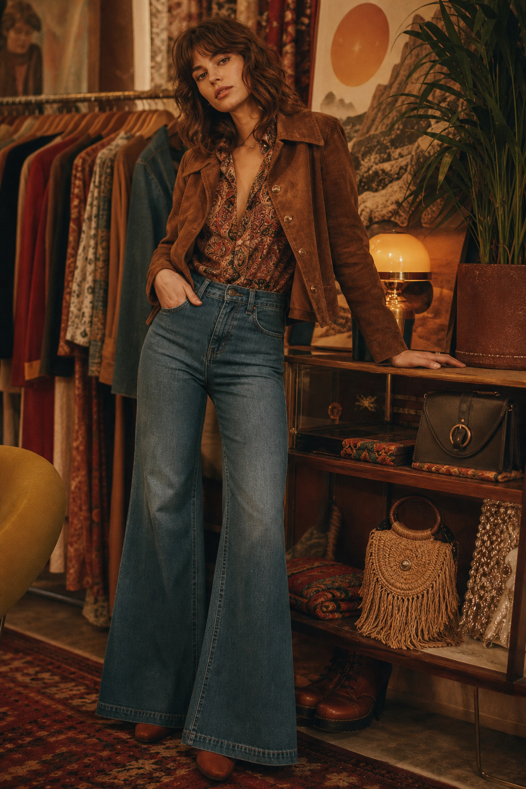 Warm 1970s lookbook portrait featuring flared denim and a suede jacket in earth tones