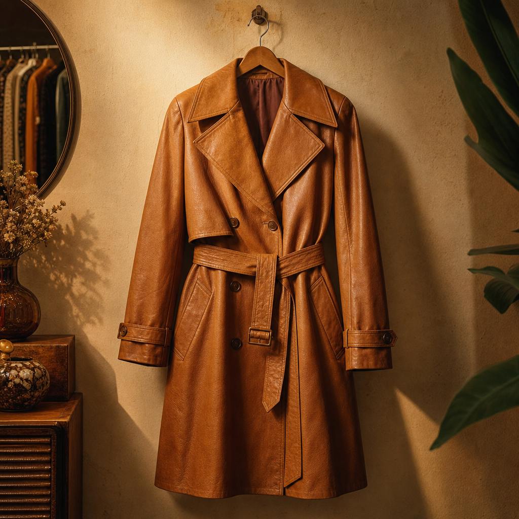 Vintage caramel leather trench coat with exaggerated lapels and a belted waist hanging against a warm studio wall