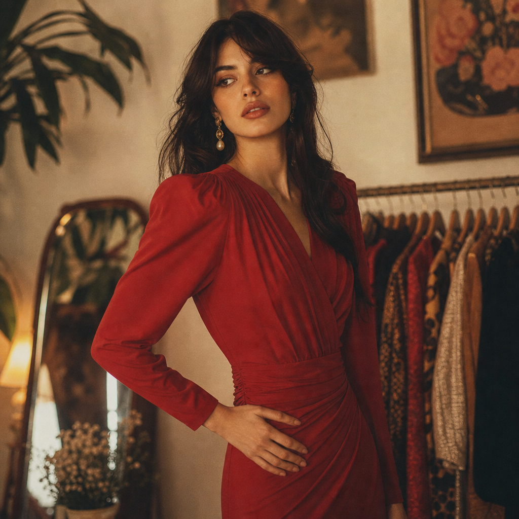 Customer with long dark hair wearing a cherry red vintage dress