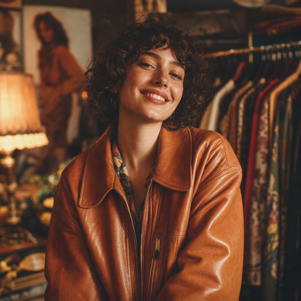 Smiling customer in a caramel leather jacket with short curls