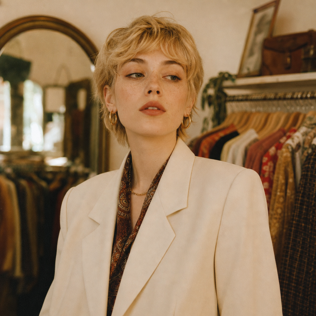 Customer with short blond hair in a cream blazer