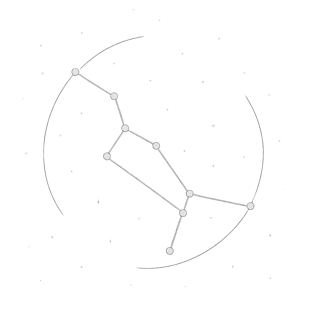 Minimal line-art celestial chart showing constellation paths and star nodes