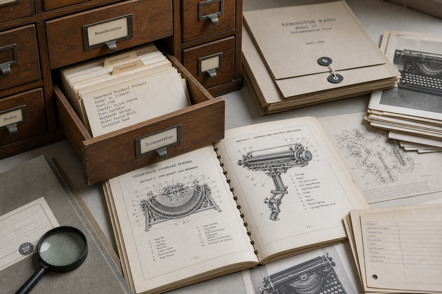Archival drawer with catalog cards, an opened typewriter manual spread, and neatly arranged research documentation