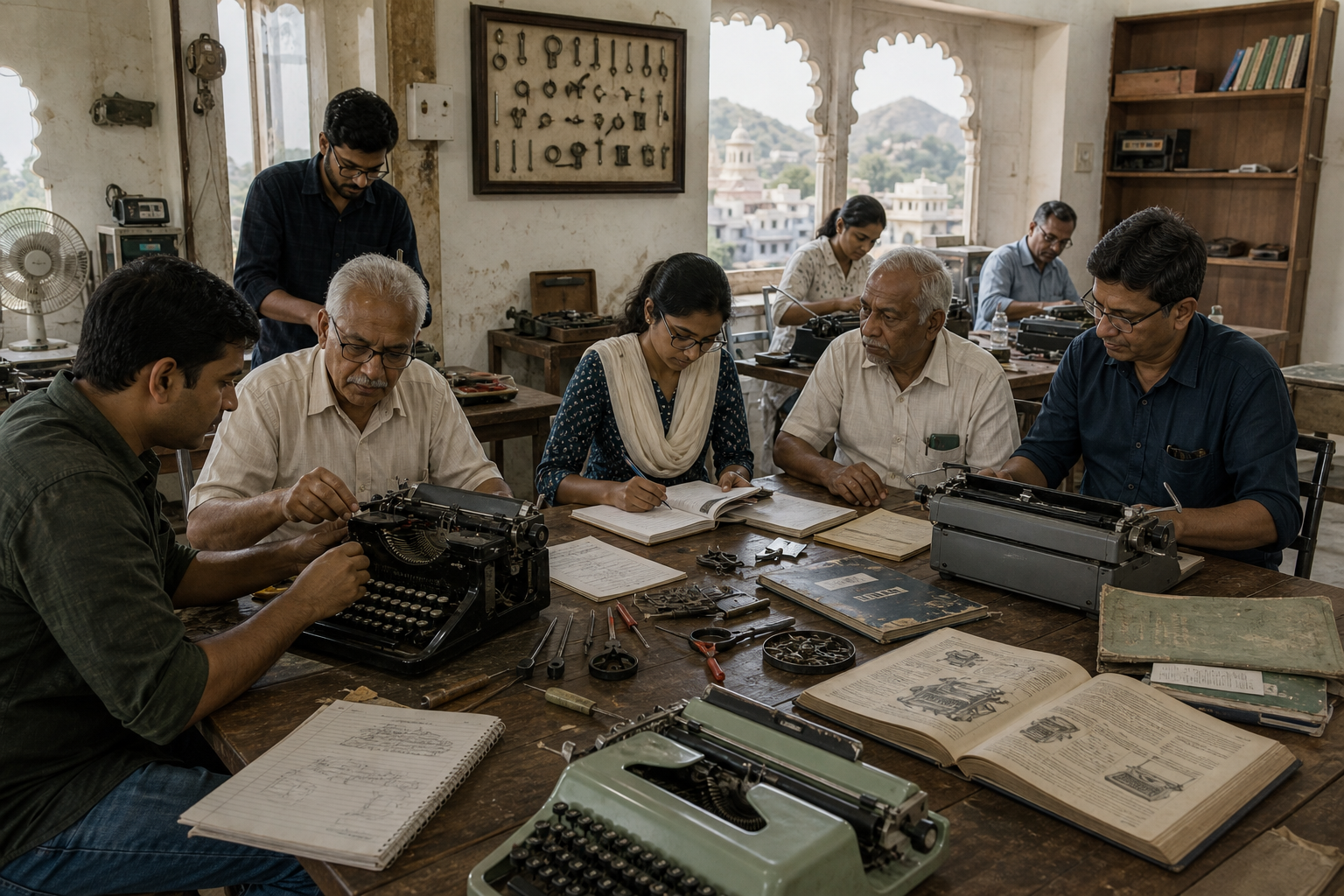 Documentary scene of typewriter practitioners and trainers in a regional workshop setting in the Aravalli and Udaipur area, with notebooks, mechanical tools, and active machine demonstrations