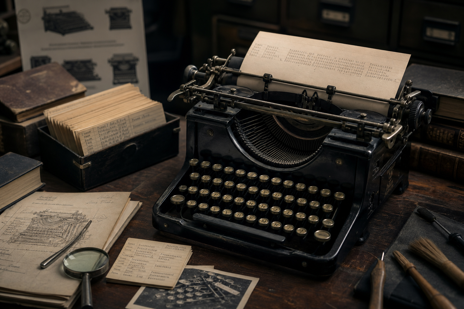 Documentary archival scene with a restored early twentieth-century black metal typewriter, a sheet of typed paper in carriage, and scattered catalog cards on a wooden research desk