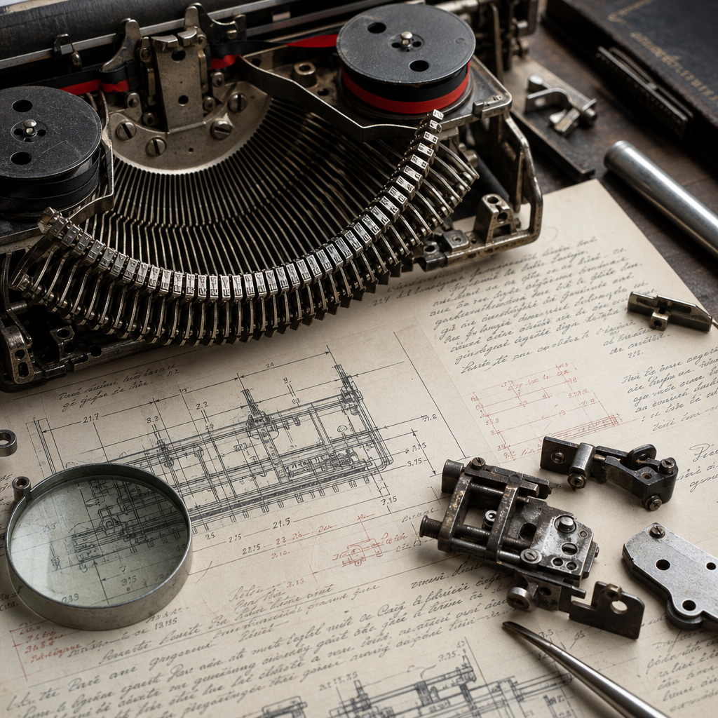 Close study image of polished steel typebars, ribbon spools, and annotated technical notes with measurement marks