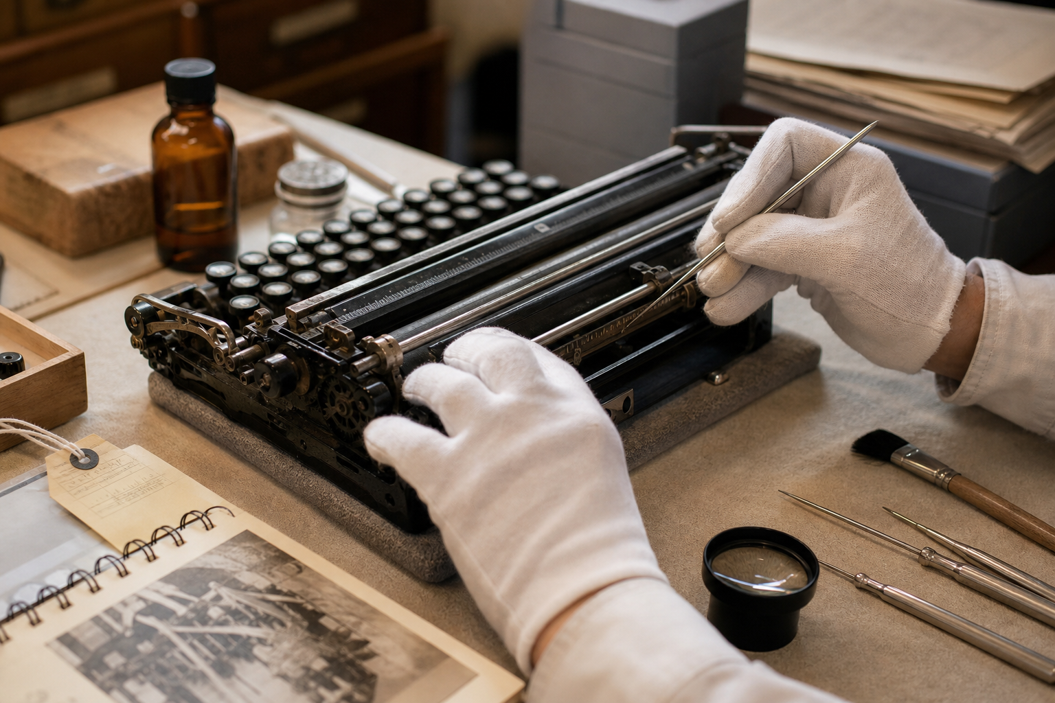 Conservator hands using precision tools to clean and document a typewriter carriage on an archival workbench