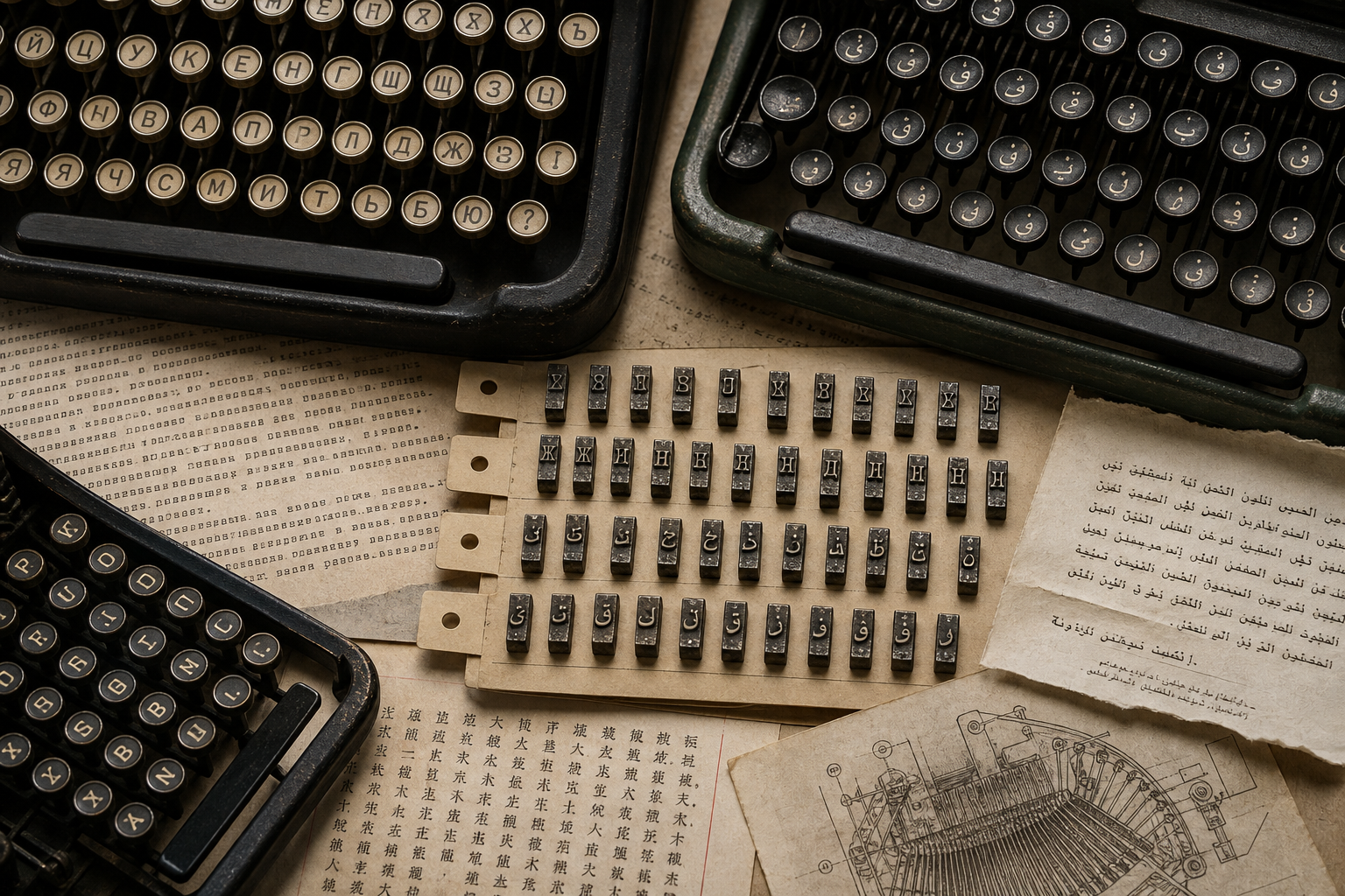 Archival close-up of multilingual typewriter keys, metal type slugs, and typed document fragments in several writing systems