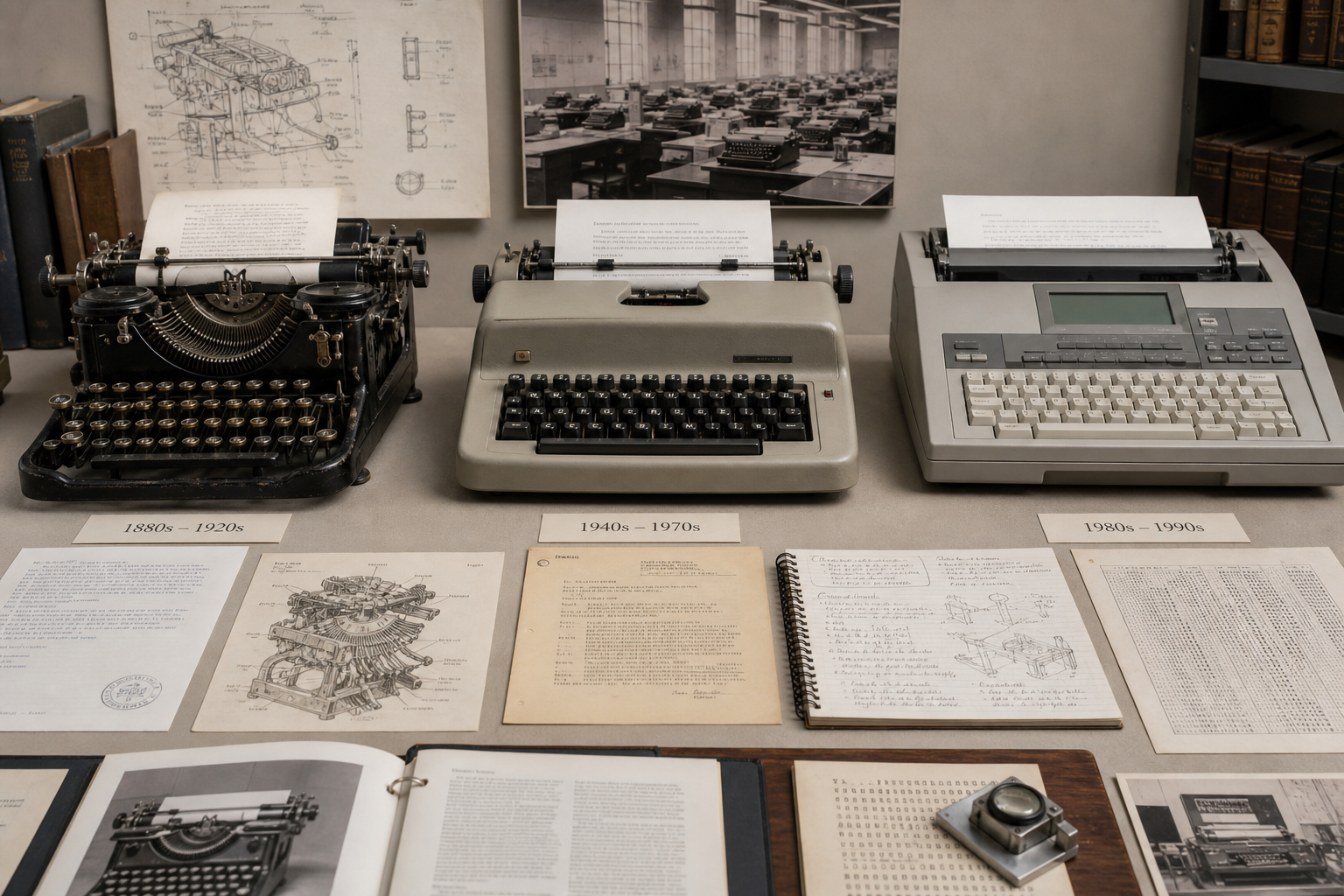 Comparative documentary montage showing mechanical, electric, and electronic typewriter forms with typed archival sheets