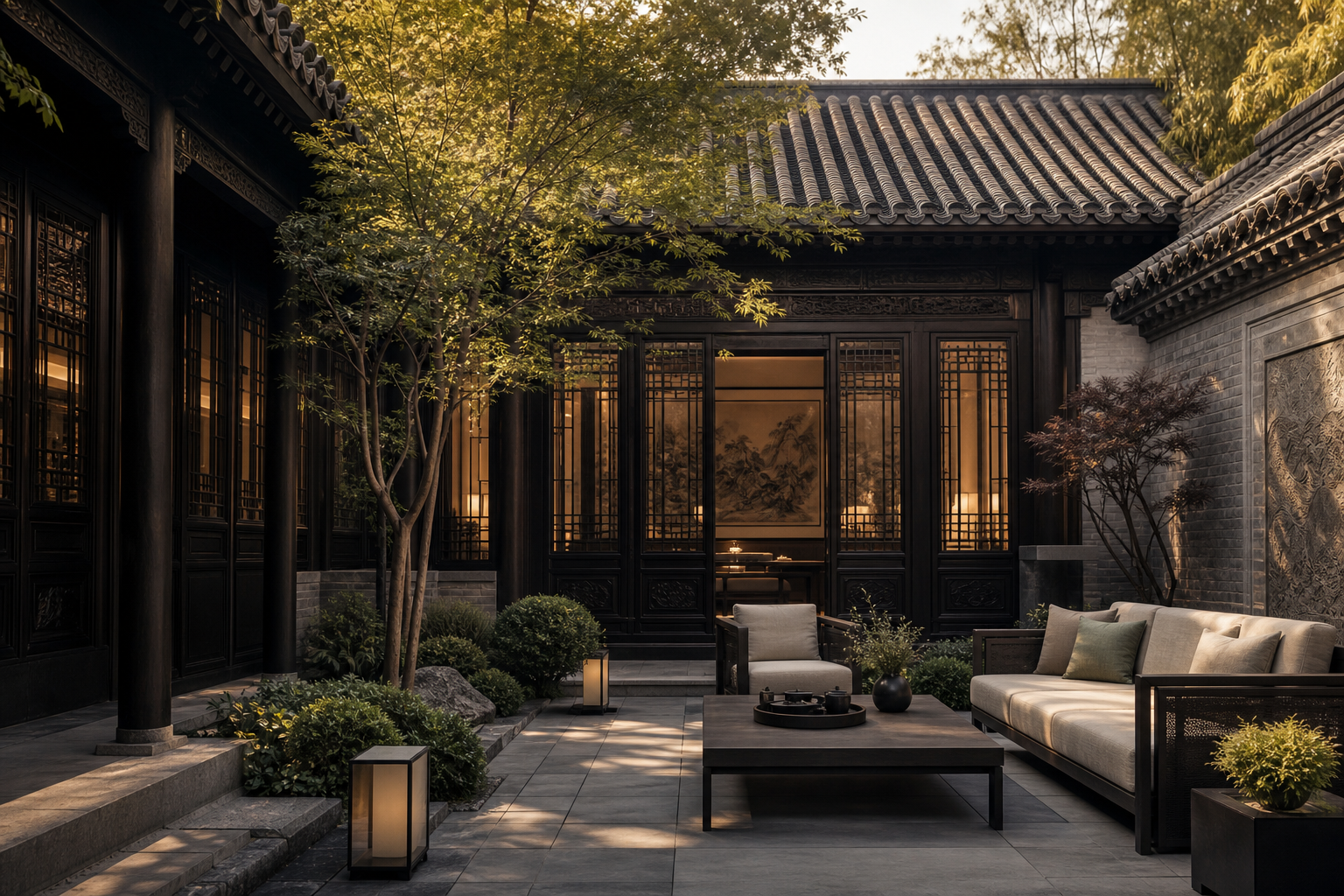 西城雅致接待型四合院，木格门窗与整洁庭院，设有精致户外会客区
