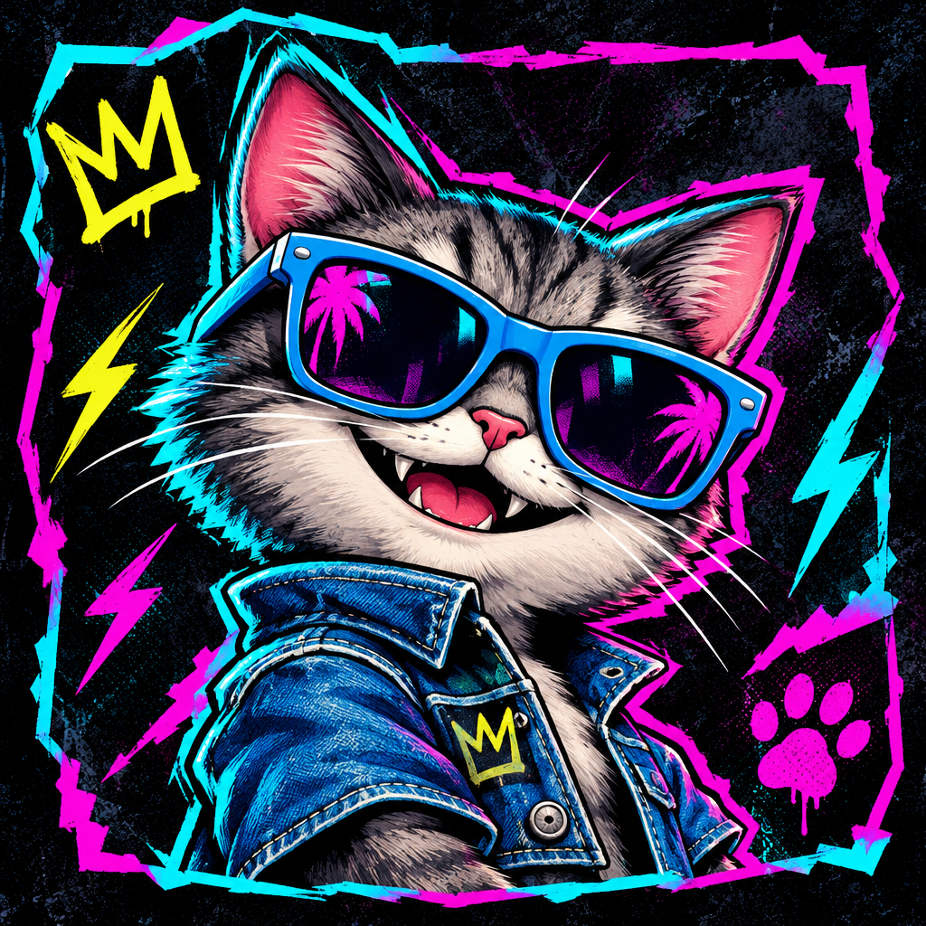 Small portrait of Cat Jean as a chaotic meme mascot with denim style