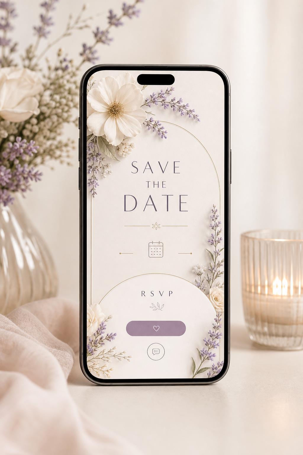 Tarjeta digital Save the Date minimalista con flores suaves y bloque RSVP visible