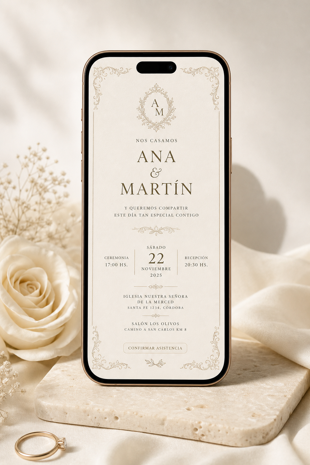 Mockup premium de invitación digital de boda clásica en tonos marfil con ornamentación sutil y serif tradicional