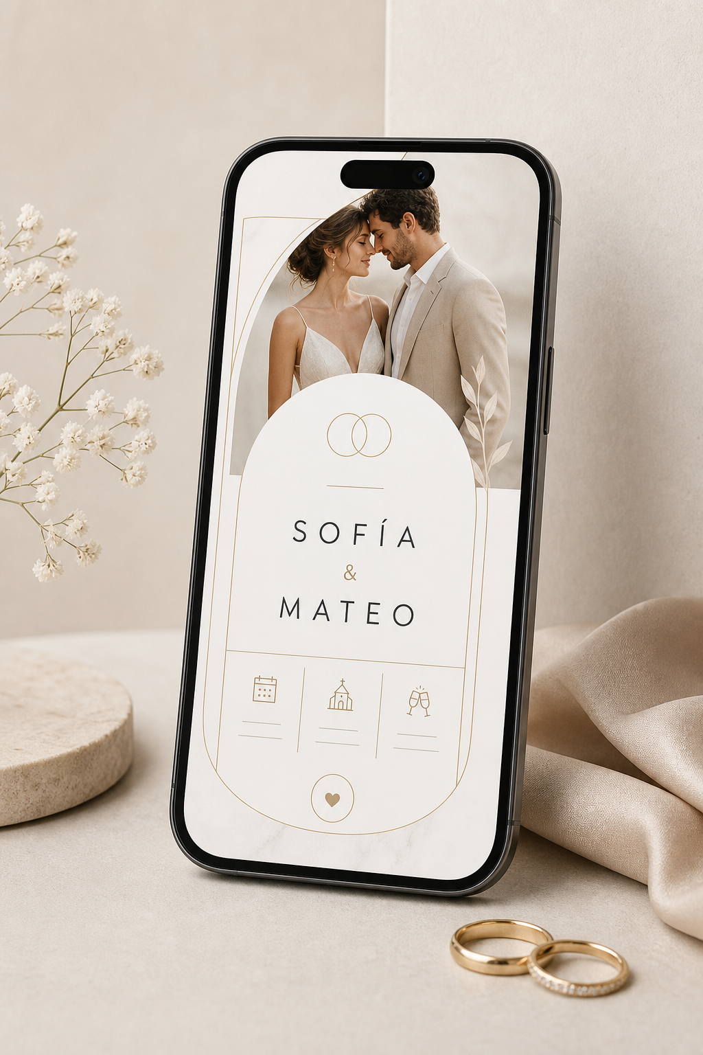 Mockup premium de invitación digital de boda moderna con líneas minimalistas, tipografía sans elegante y composición limpia