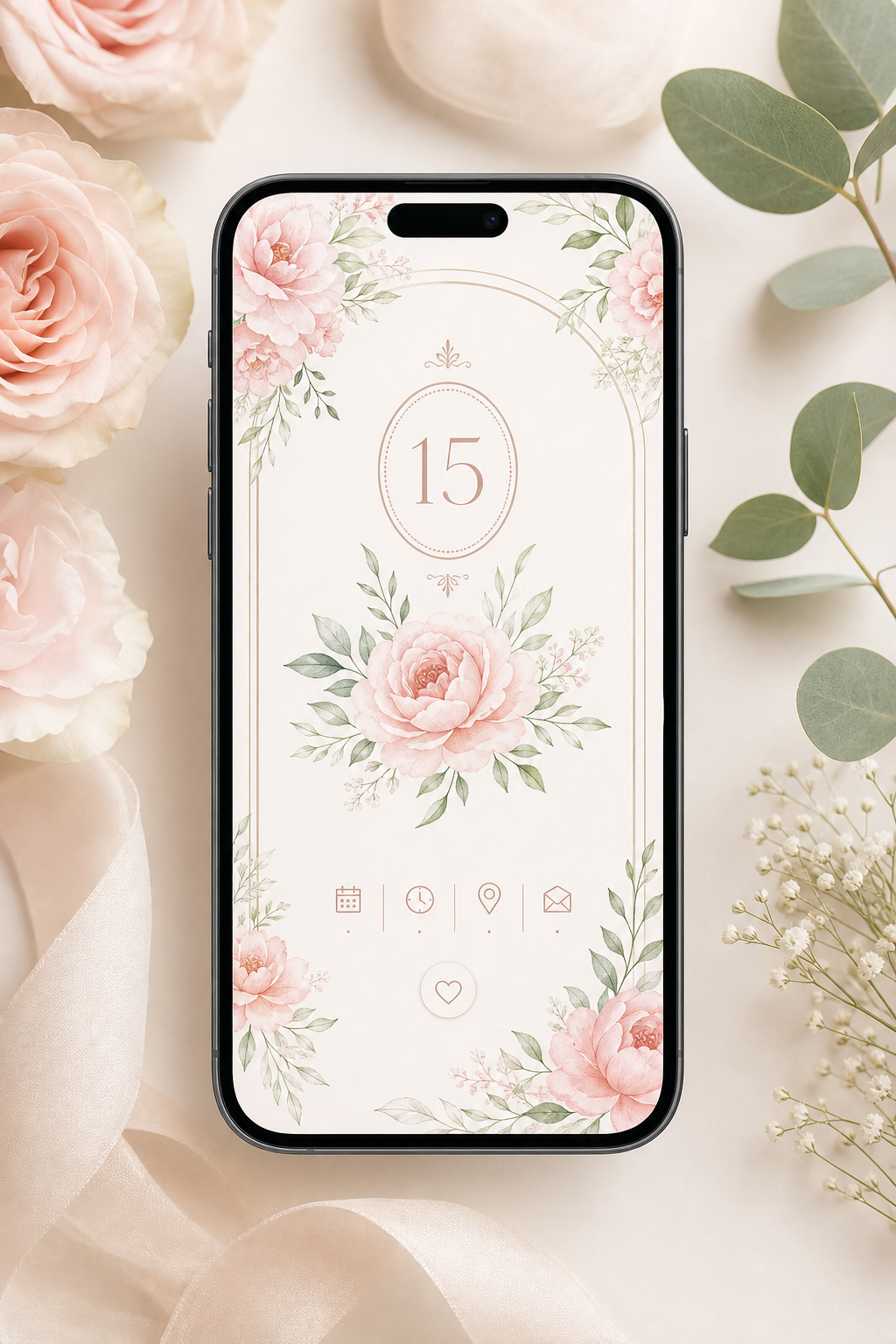 Mockup premium de invitación digital floral romántica con flores en acuarela, paleta suave y marco elegante