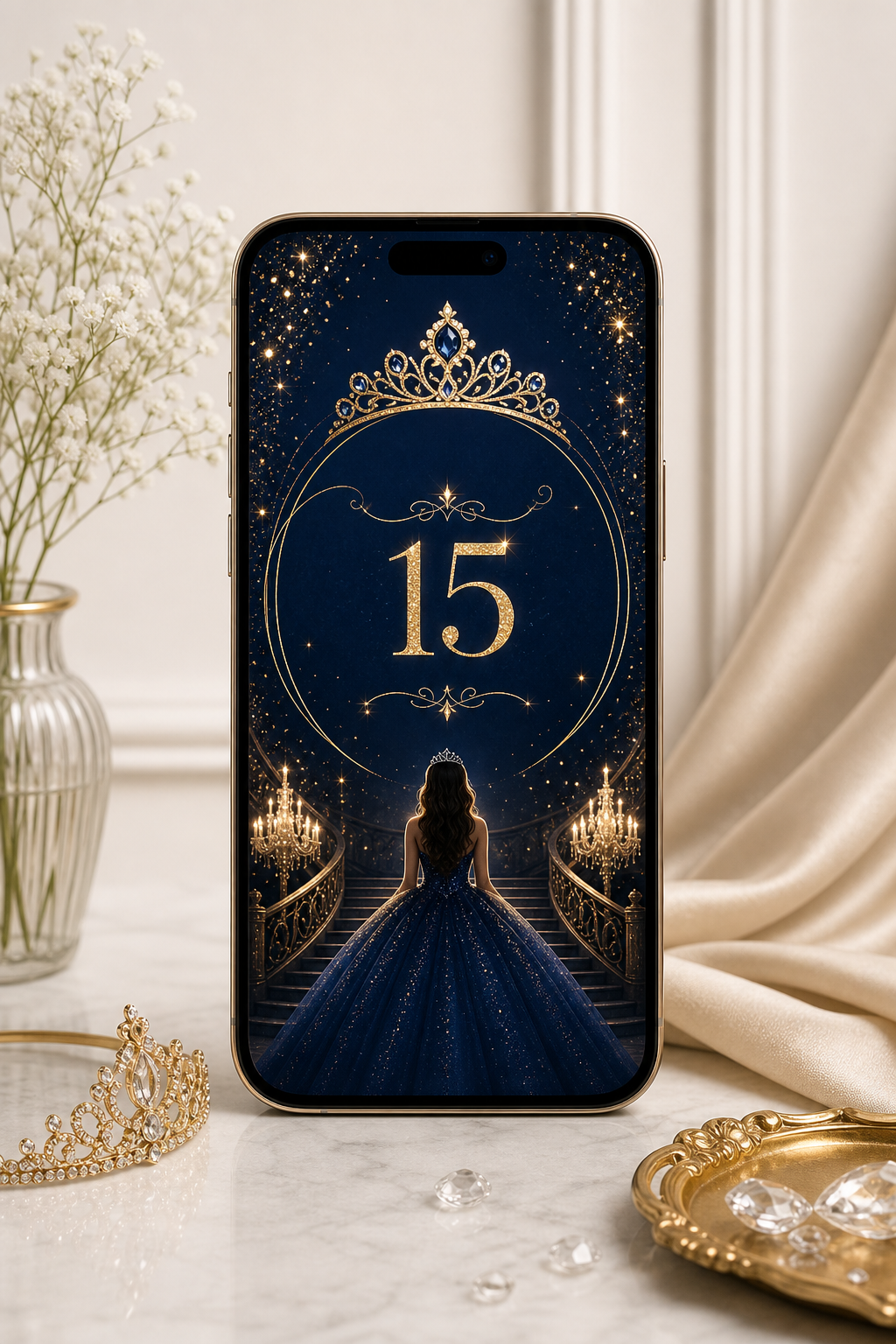 Mockup premium de invitación digital de quinceañera glam con brillo dorado, fondo profundo y tipografía elegante
