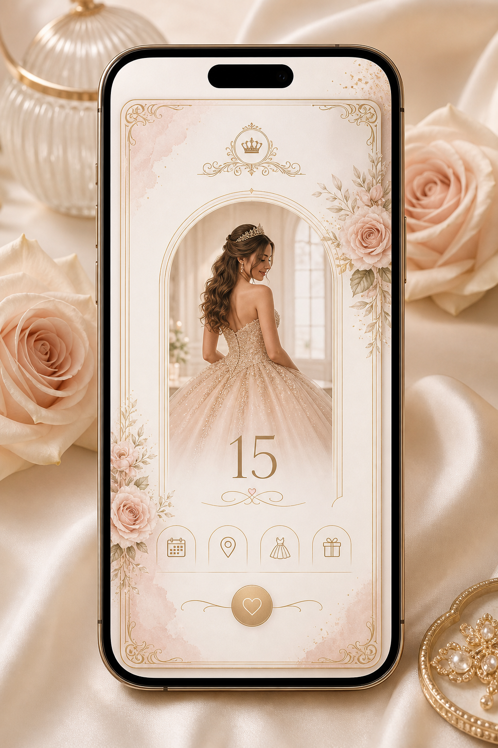 Mockup de invitación digital elegante para fiesta de 15 años en tonos marfil y dorado suave