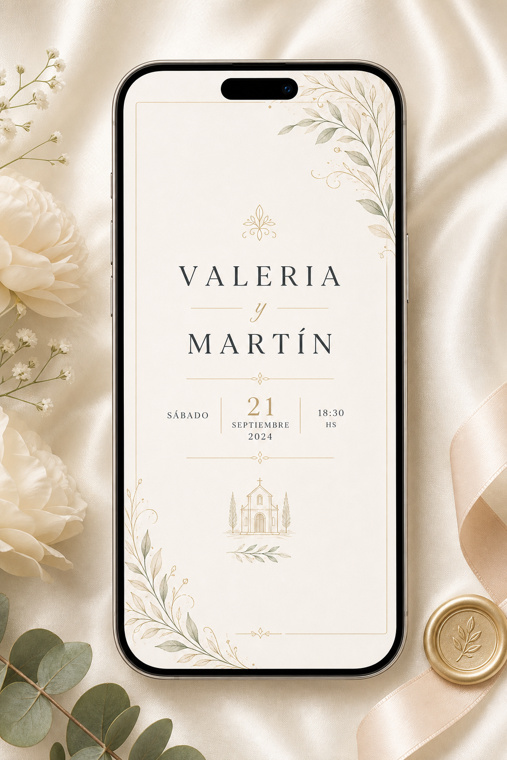 Mockup de invitación digital clásica para boda con tipografía editorial y marco floral delicado