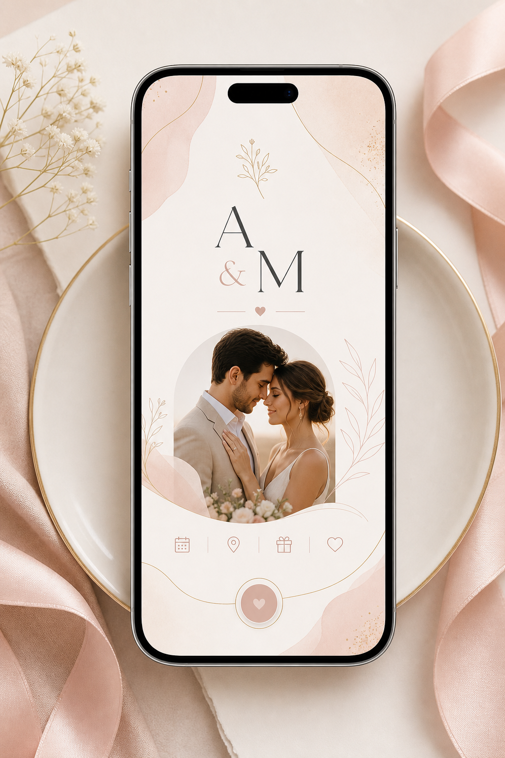 Mockup de invitación digital moderna y romántica para evento de pareja con composición minimalista