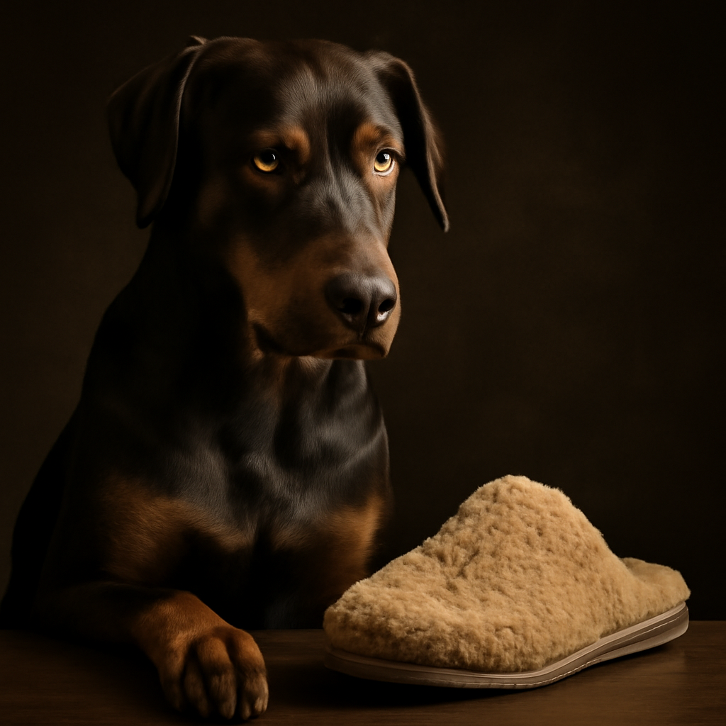 A photorealistic dog with a dramatically serious expression reviewing a fuzzy slipper