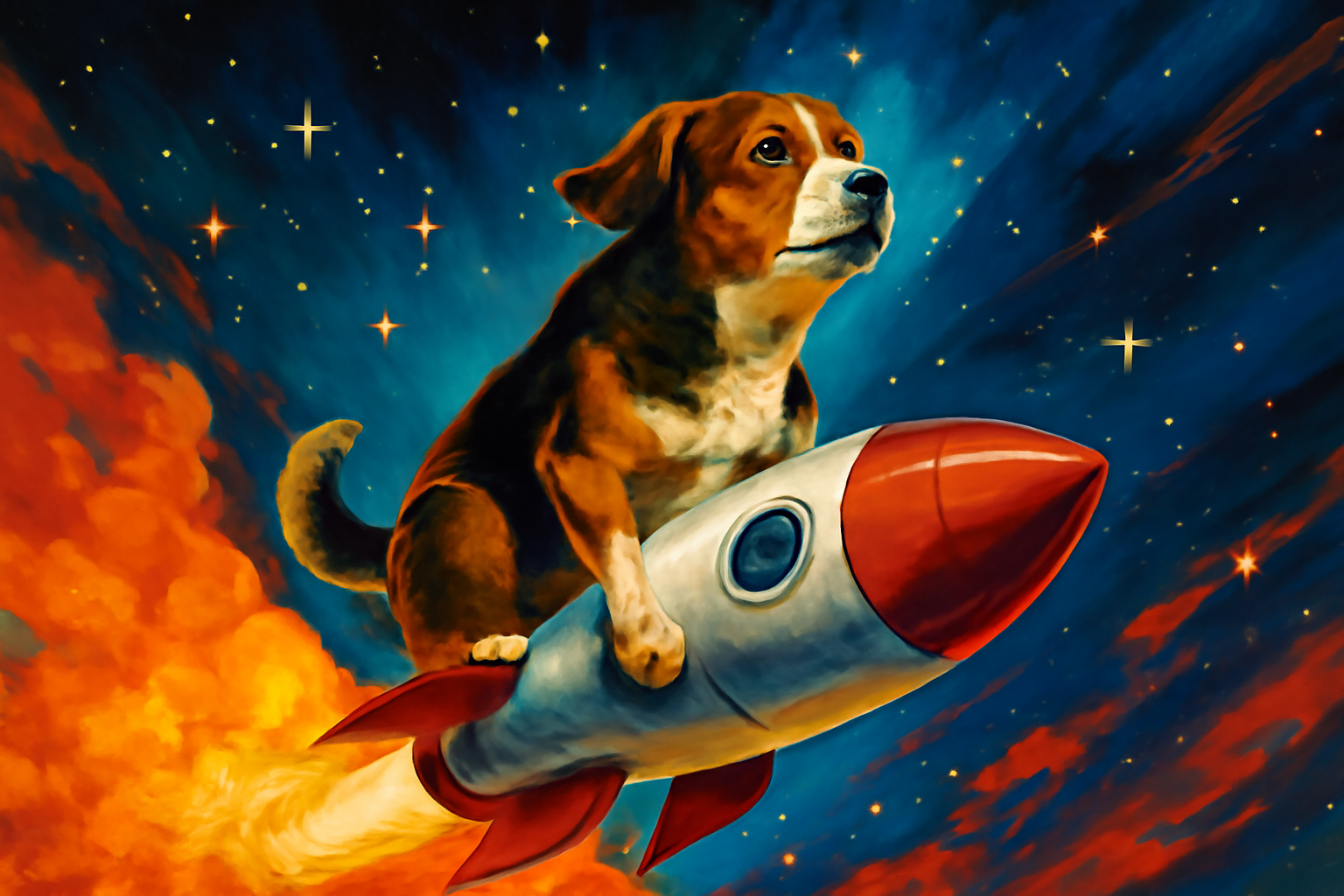 A photorealistic dog with a dramatic expression riding a space rocket, blasting into the stars with a vibrant, bold background
