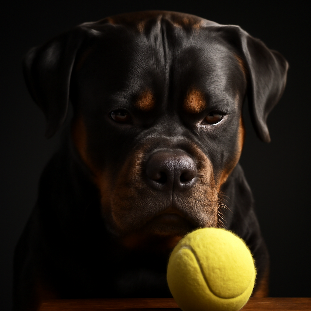 A photorealistic dog with an overly serious expression reviewing a tennis ball
