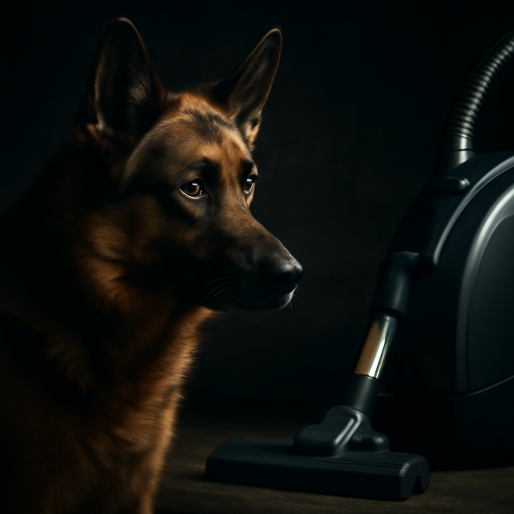 A photorealistic dog with a dramatically serious expression reviewing a vacuum cleaner