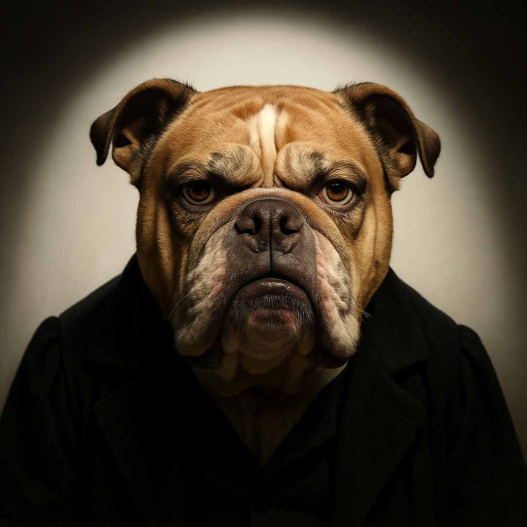 A photorealistic bulldog with a dramatically serious expression, spotlighted as a theatrical critic