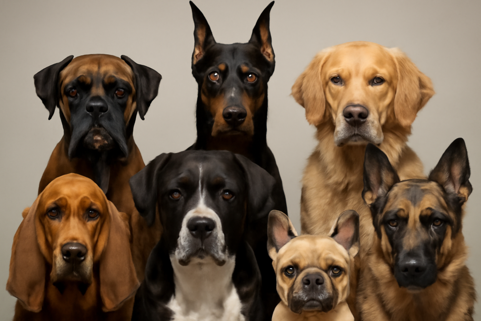 A photorealistic group of several dogs with serious, dramatic expressions posing together against a plain background
