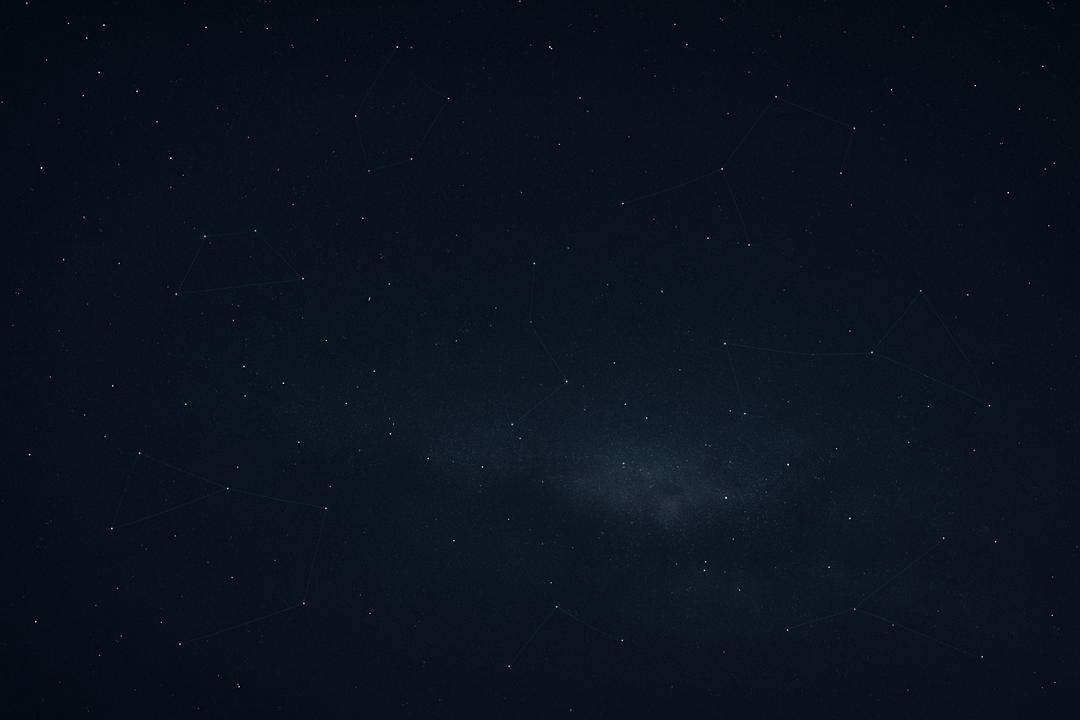 Atmospheric deep-night sky with dense stars, subtle nebula haze, and faint constellation lines