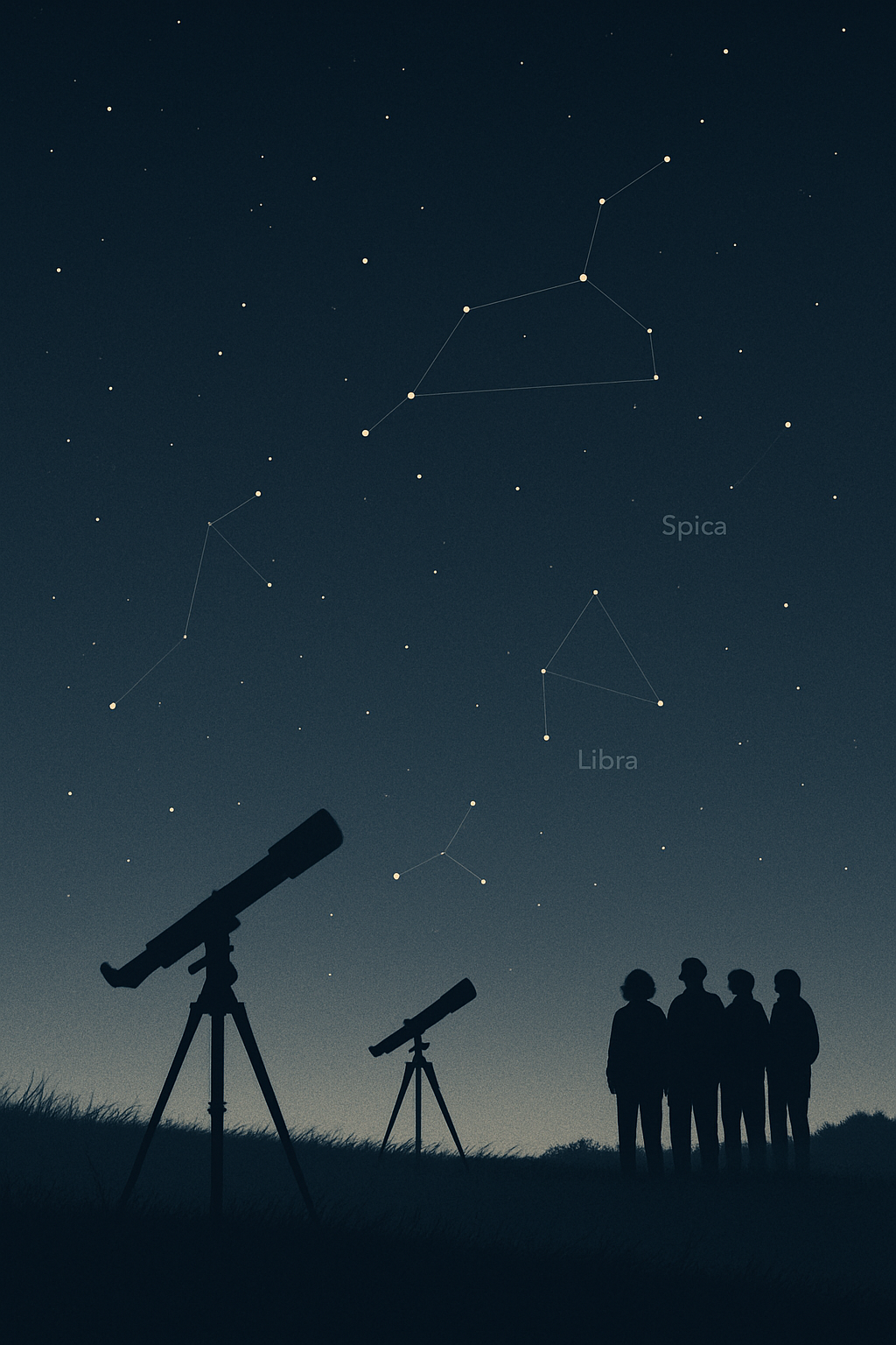 Telescope silhouettes in a quiet field under a star-filled night sky with subtle constellation guide overlays
