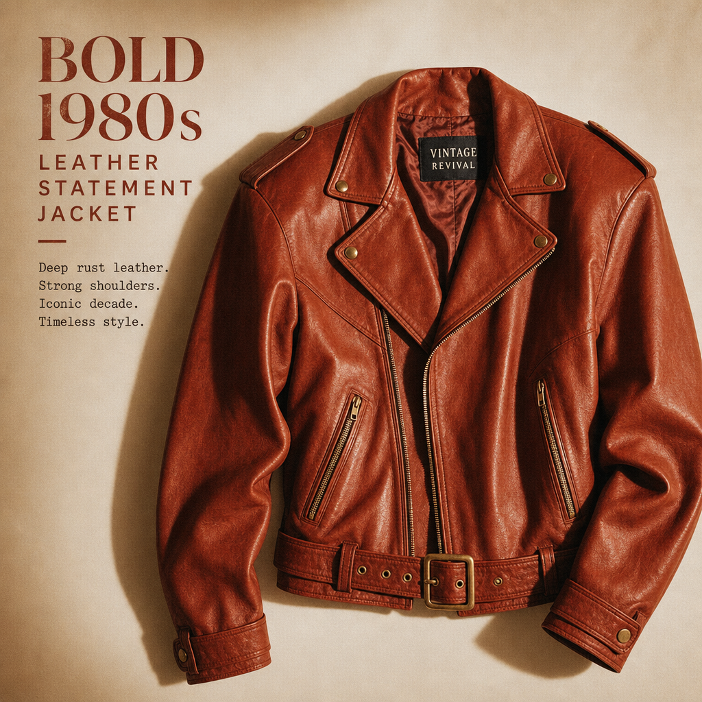 Bold 1980s leather statement jacket in deep rust brown with structured shoulders and glossy hardware, photographed on a neutral backdrop