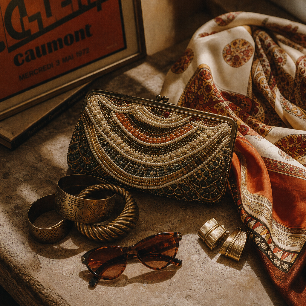 Assorted one-of-a-kind vintage accessories including brass bangles, a beaded clutch, and silk scarves arranged on a textured tabletop