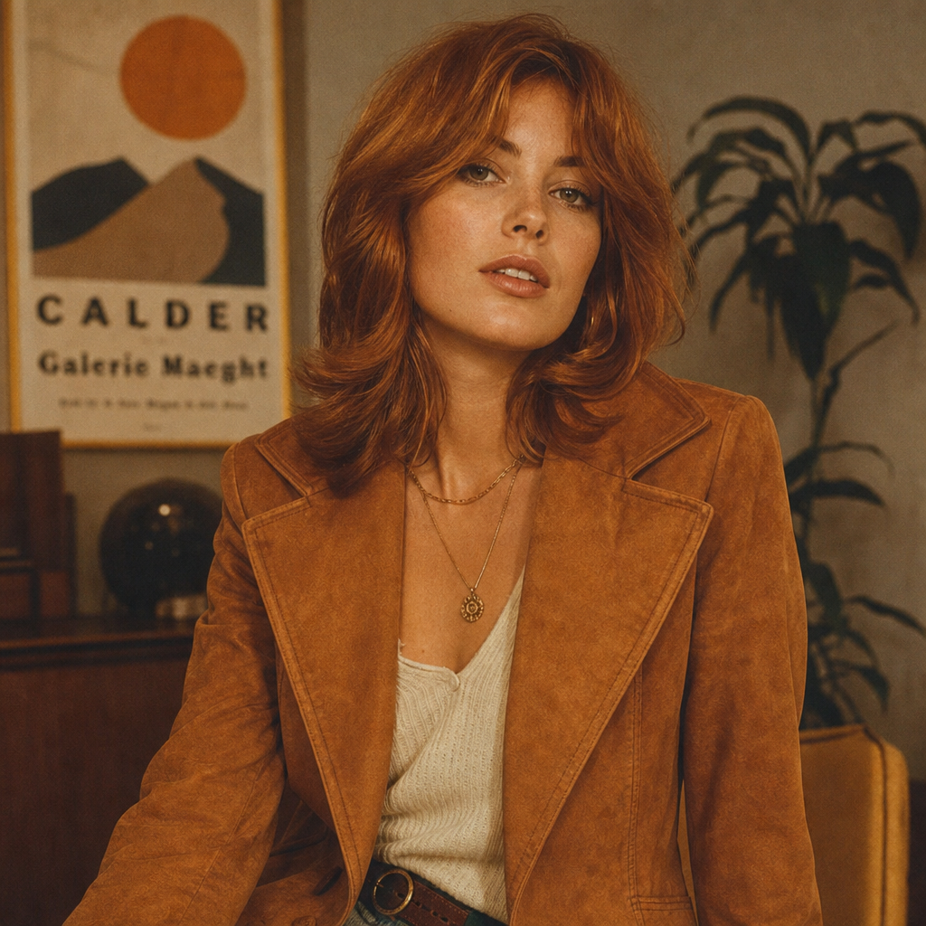 Warm-toned portrait of a woman with shoulder-length auburn hair wearing a vintage suede blazer
