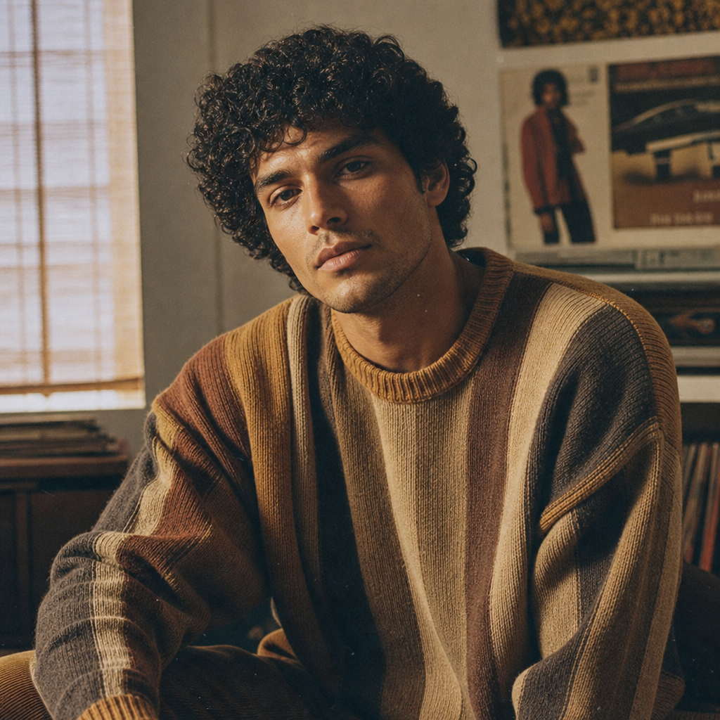 Soft film-style portrait of a man with curly dark hair wearing a striped vintage knit